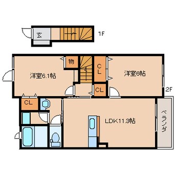 間取図 大和路線・関西本線/木津駅 徒歩12分 2階 築10年