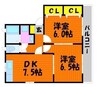 ラッキータウン庭瀬　Ｅ棟 2DKの間取り