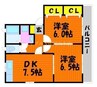 ラッキータウン庭瀬　Ｅ棟 2DKの間取り