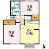 セジュールユウアイB 2DKの間取り