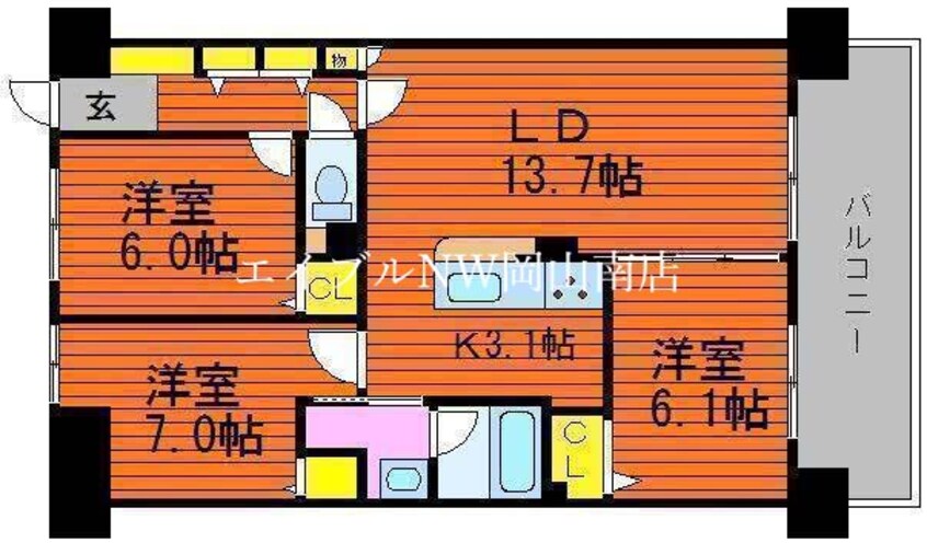 間取図 宇野線<宇野みなと線>/大元駅 徒歩16分 13階 築17年