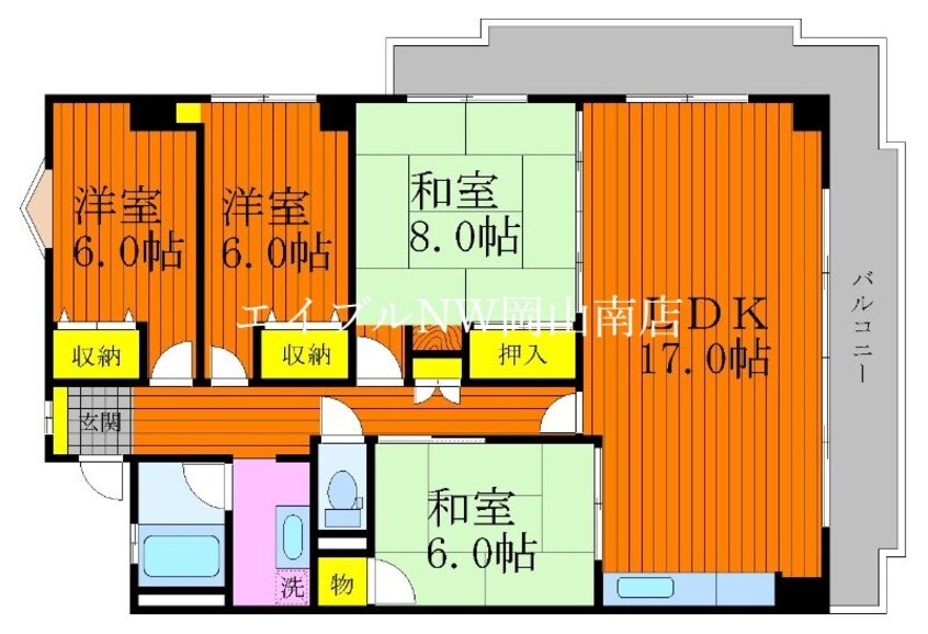 間取図 山陽本線（中国）/岡山駅 徒歩20分 6階 築42年