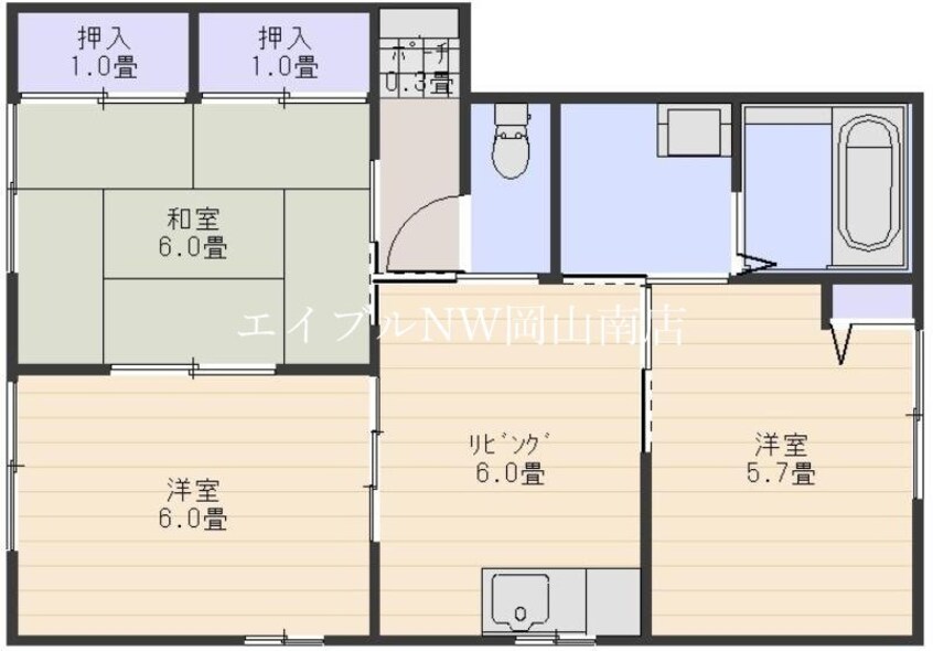 間取図 岡山市電清輝橋線<岡山電気軌道>/清輝橋駅 徒歩60分 2階 築25年