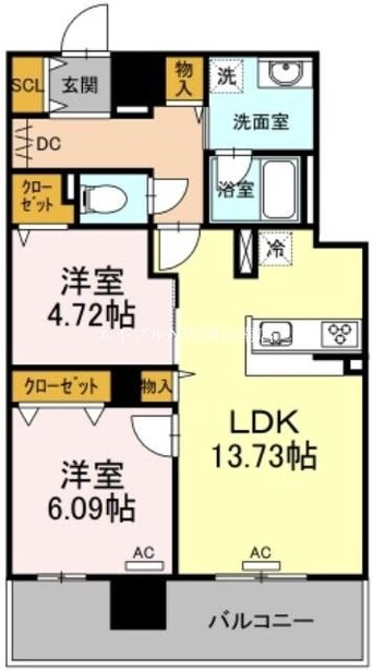 間取図 岡山市電東山本線<岡山電気軌道>/西大寺町・岡山芸術創造劇場ハレノワ前駅 徒歩6分 9階 築4年