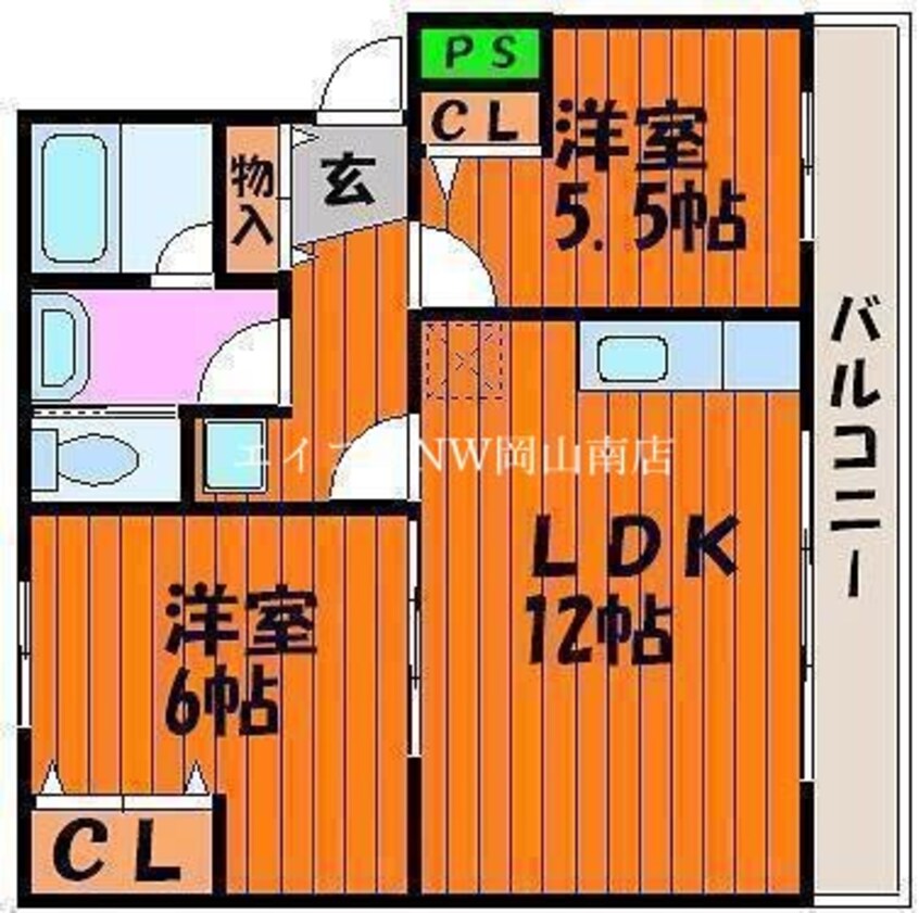 間取図 津山線/法界院駅 徒歩10分 2階 築43年