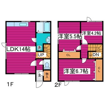 間取図 札沼線<学園都市線>/あいの里教育大駅 徒歩5分 1-2階 築21年