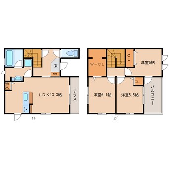 間取図 大和路線・関西本線/木津駅 徒歩16分 1-2階 築9年