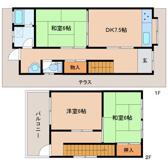 間取図 近鉄難波線・奈良線/近鉄奈良駅 徒歩20分 1-2階 築54年