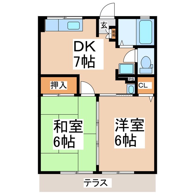 サニーハイツ1号棟 2DKの間取り