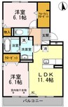 身延線/竪堀駅 徒歩16分 3階 築9年 2LDKの間取り