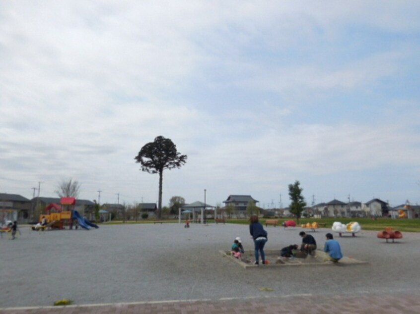 アパート北・大きな一本杉が目印になります（公園内） フォーゲルテラス ブラウⅠ