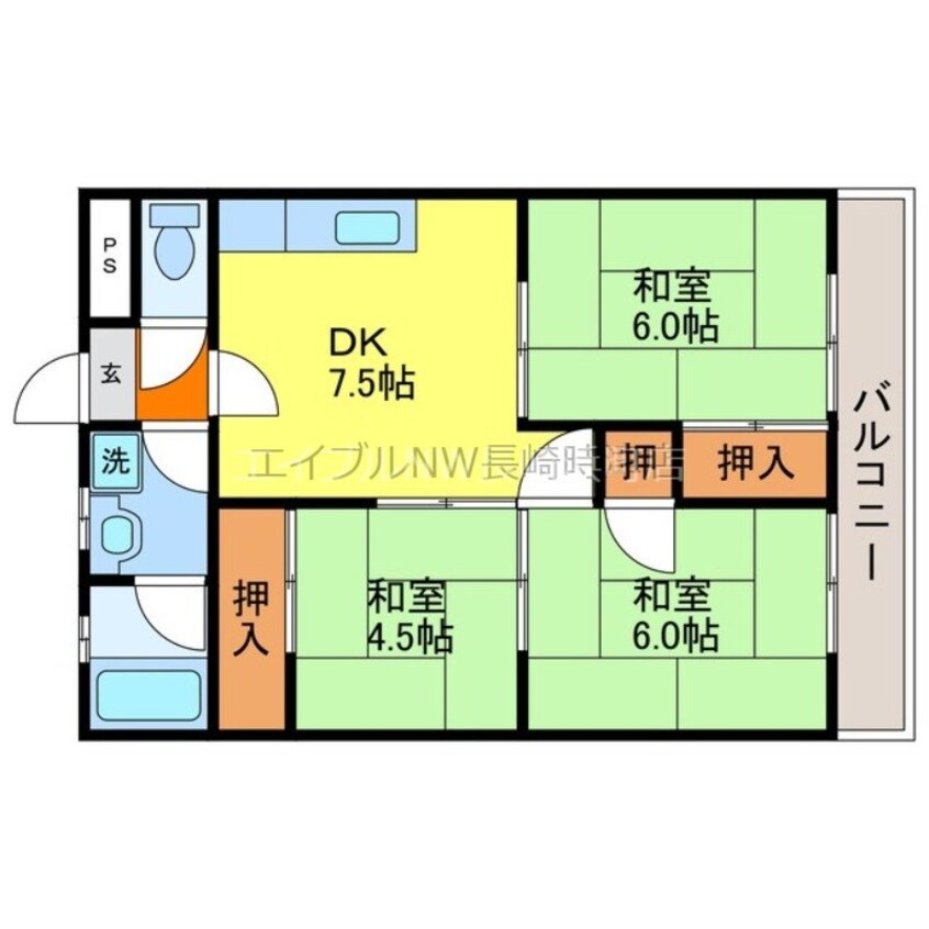 間取図 長崎本線/長与駅 徒歩7分 4階 築36年