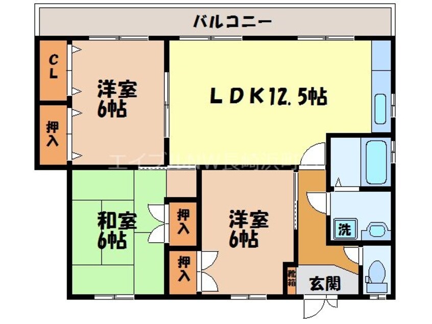 間取図 長崎市電１系統<長崎電気軌道>/赤迫駅 徒歩3分 3階 築35年