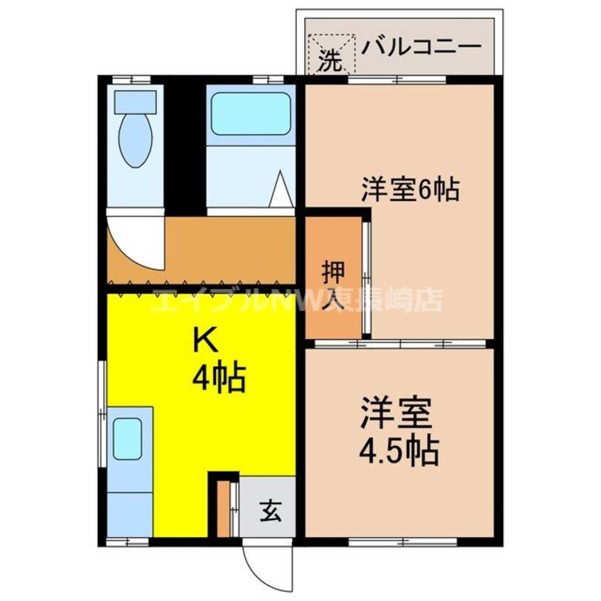 間取図 長崎市電１系統<長崎電気軌道>/岩屋橋駅 徒歩9分 2階 築39年